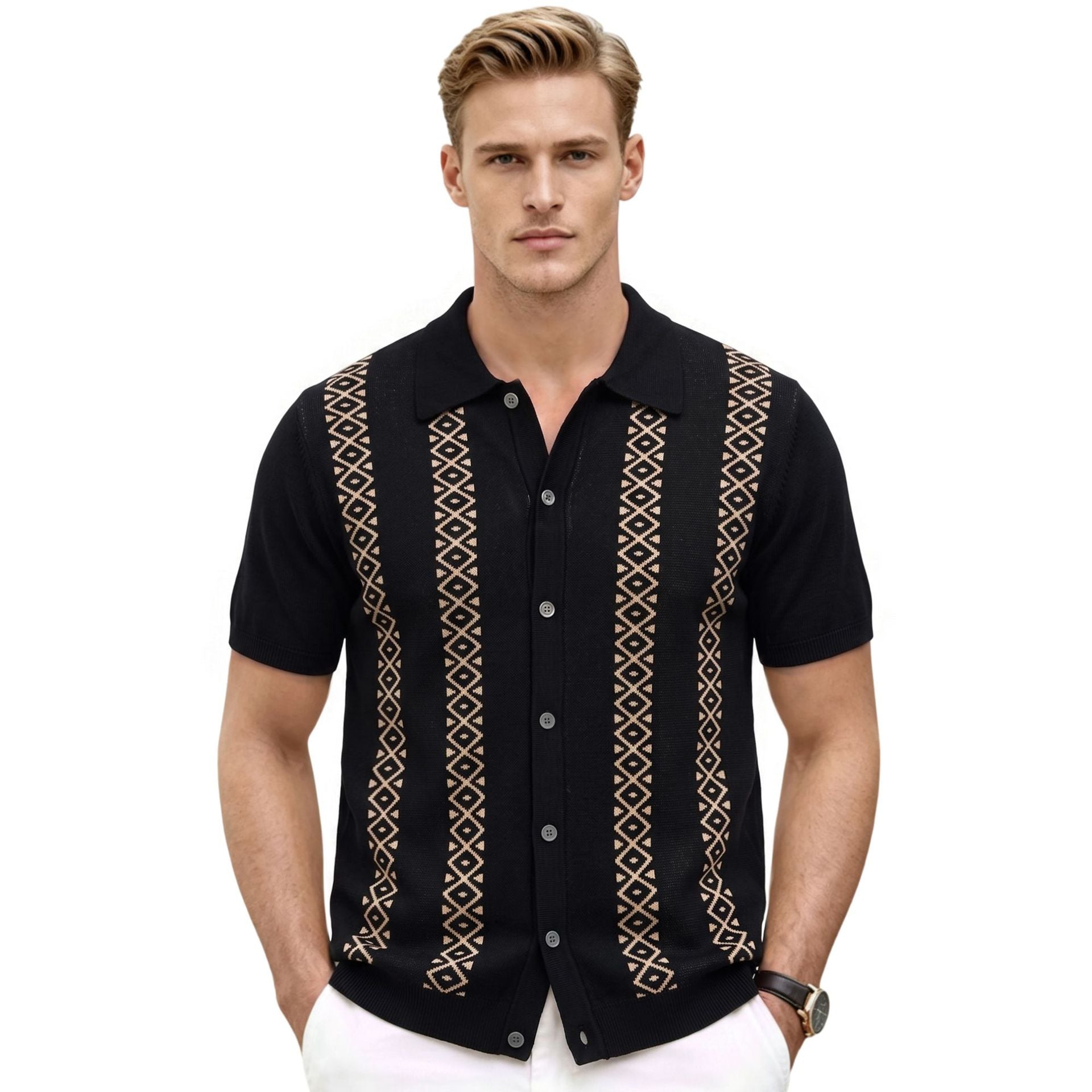 Xuedova Men's Jacquard Short Sleeve Polo Shirt